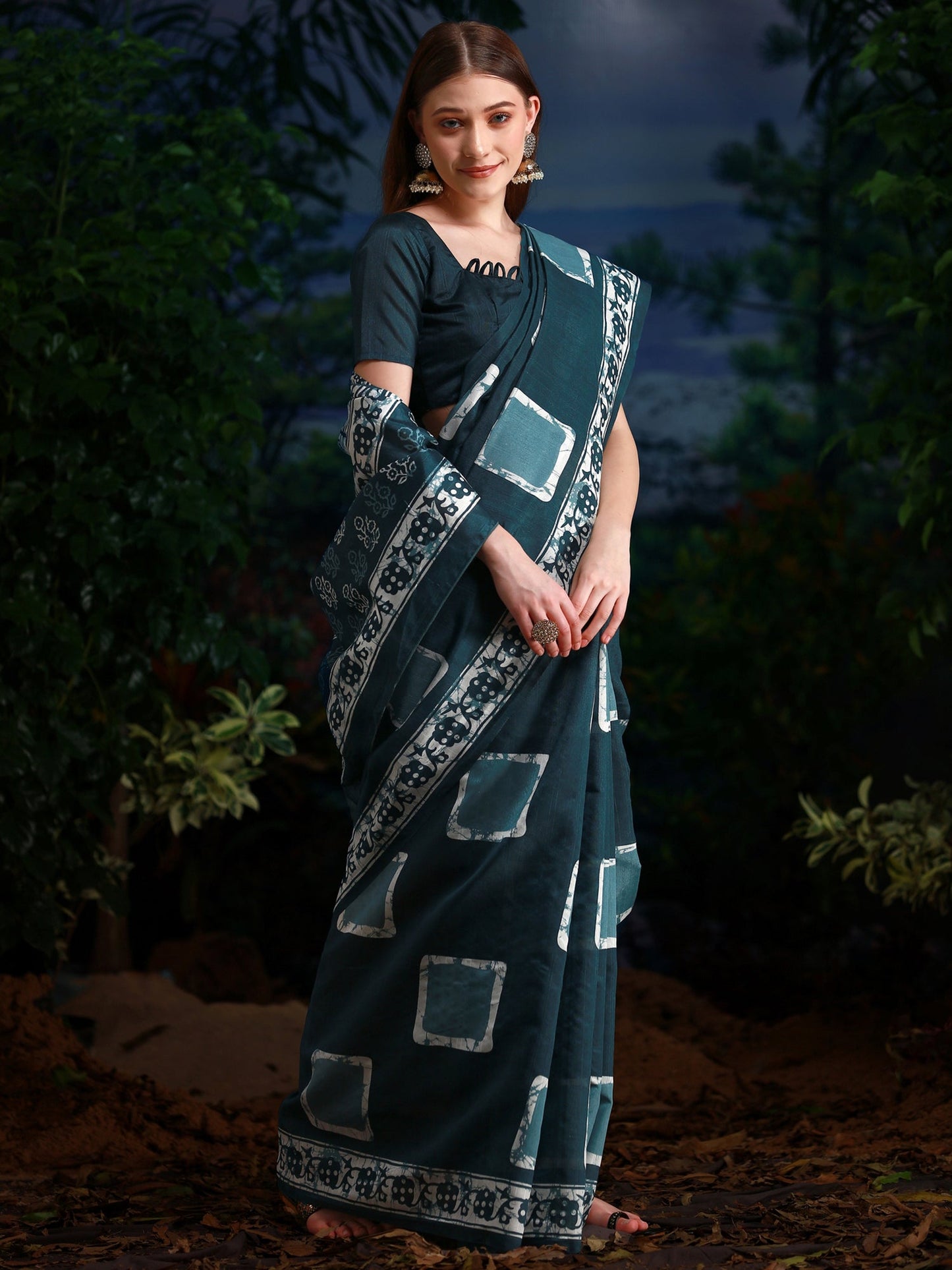 Women's Bhagalpuri Silk Teal blue Printed Designer Saree With Blouse Piece