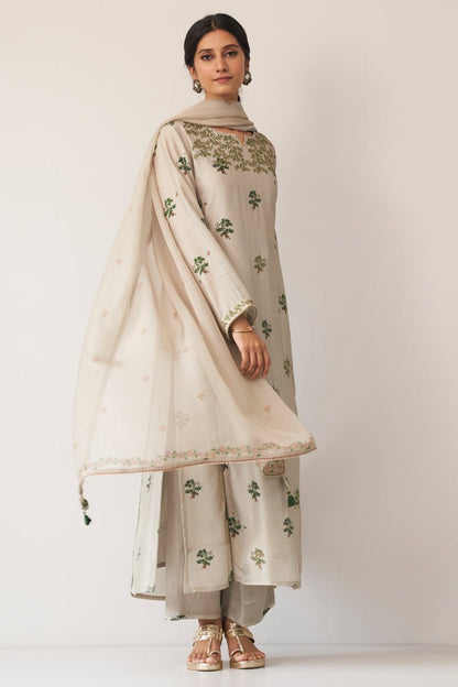 Women's Light Grey and Green Raw Silk Kurta Set