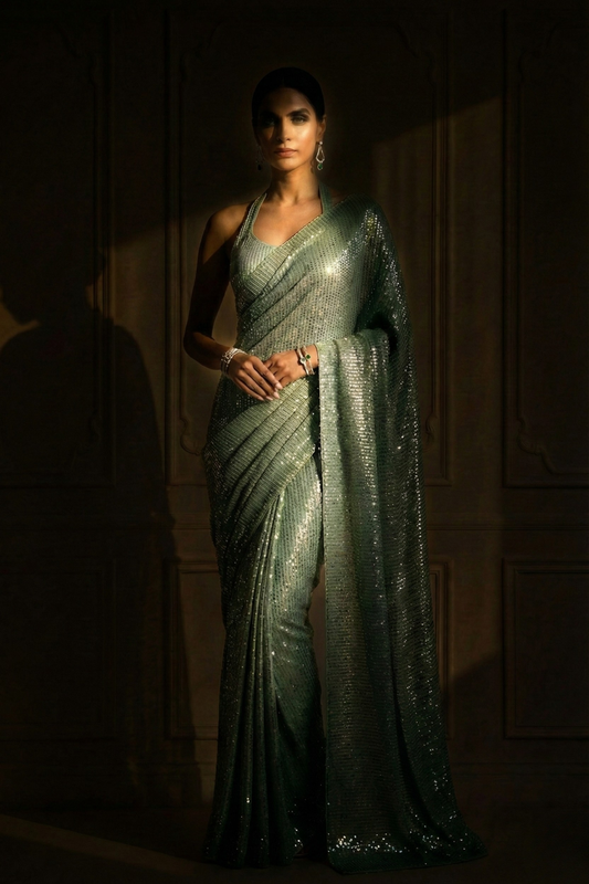 Dhiyona ST Candy Mint Knitted Sequin Saree with Blouse Fabric