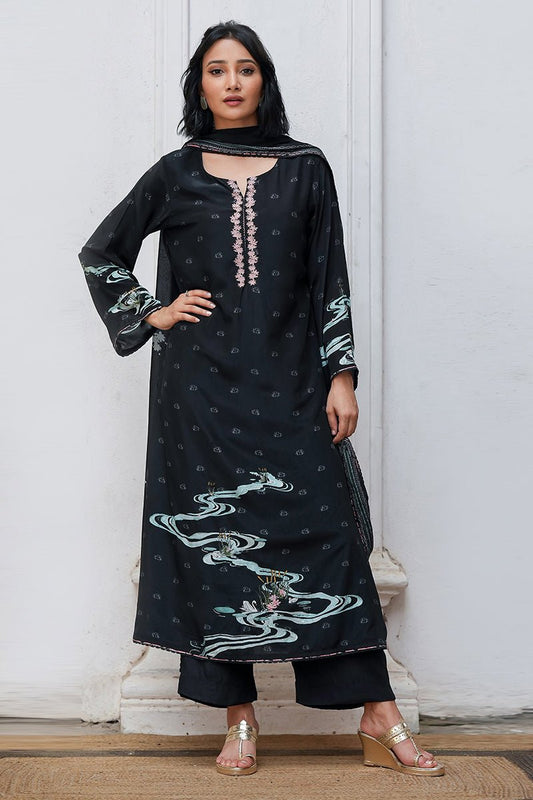 Women's Black Bemberg Silk Salwar Suit With Chinon Silk Dupatta