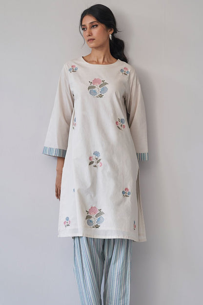 Women's Beige Embroidered Cotton Kurta With Printed Salwar