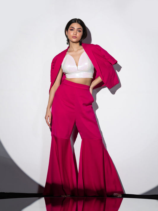 Dhiyona ST Women's Pink Bell Pant Set with Sequin Blouse and Jacket 3 Piece Set | Straight Fit, V Neck, Sleeveless, Pants, Casual Wear, Partywear, (Sequin)