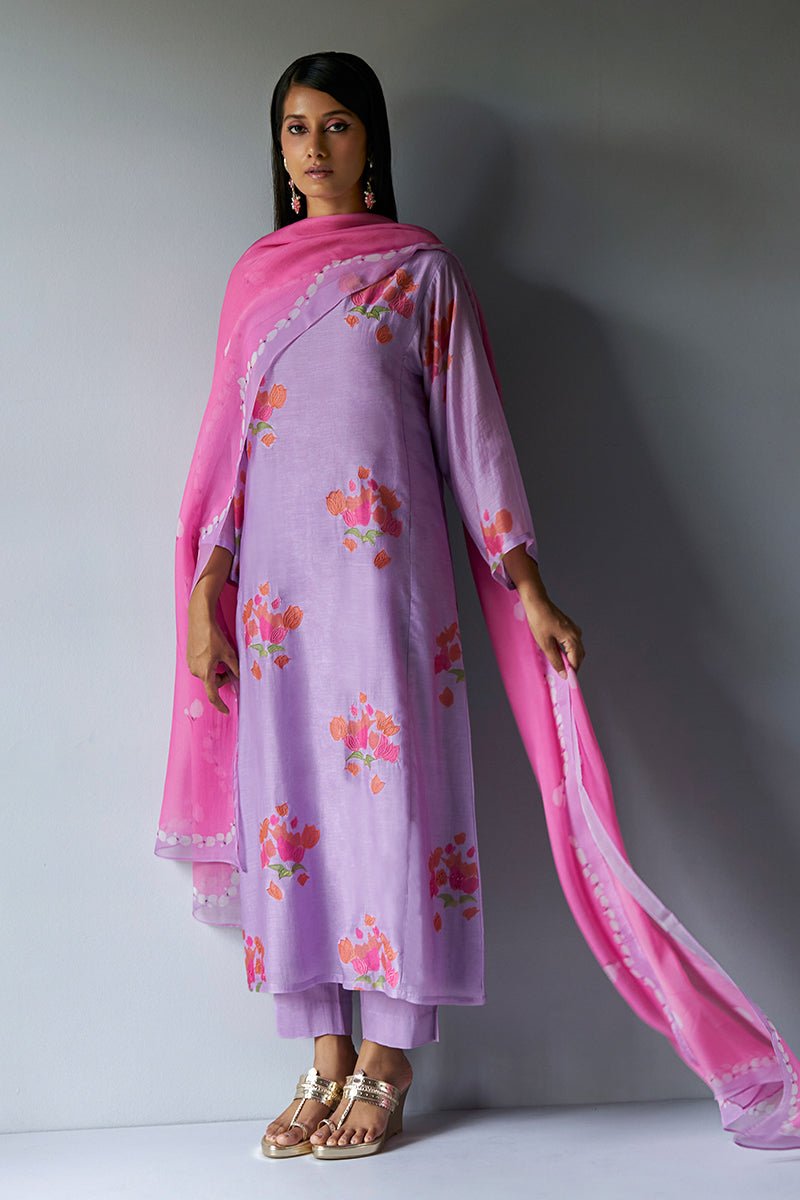 Women's Lavender and Pink Bemberg Silk Printed Salwar Suit With Embroidery Detailing