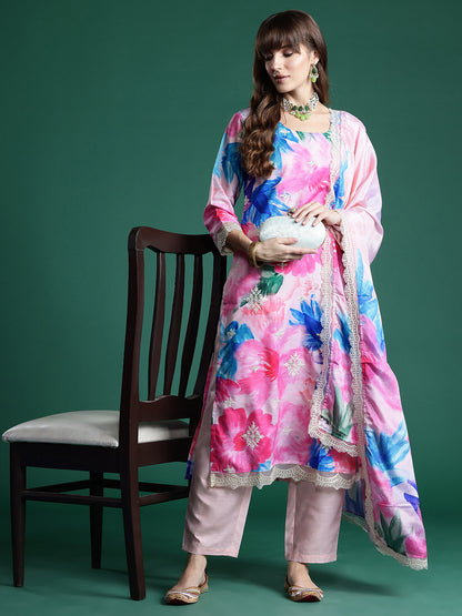 Floral Embroidered Empire Thread Work Kurta With Trousers & Dupatta