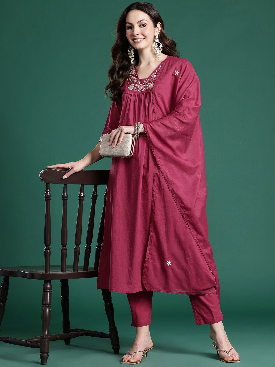 Dhiyona IE Floral Pleated Sequinned Pure Cotton Kurta with Trousers & With Dupatta