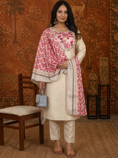 Women Ethnic Motifs Embroidered Regular Thread Work Kurta with Trousers & With Dupatta