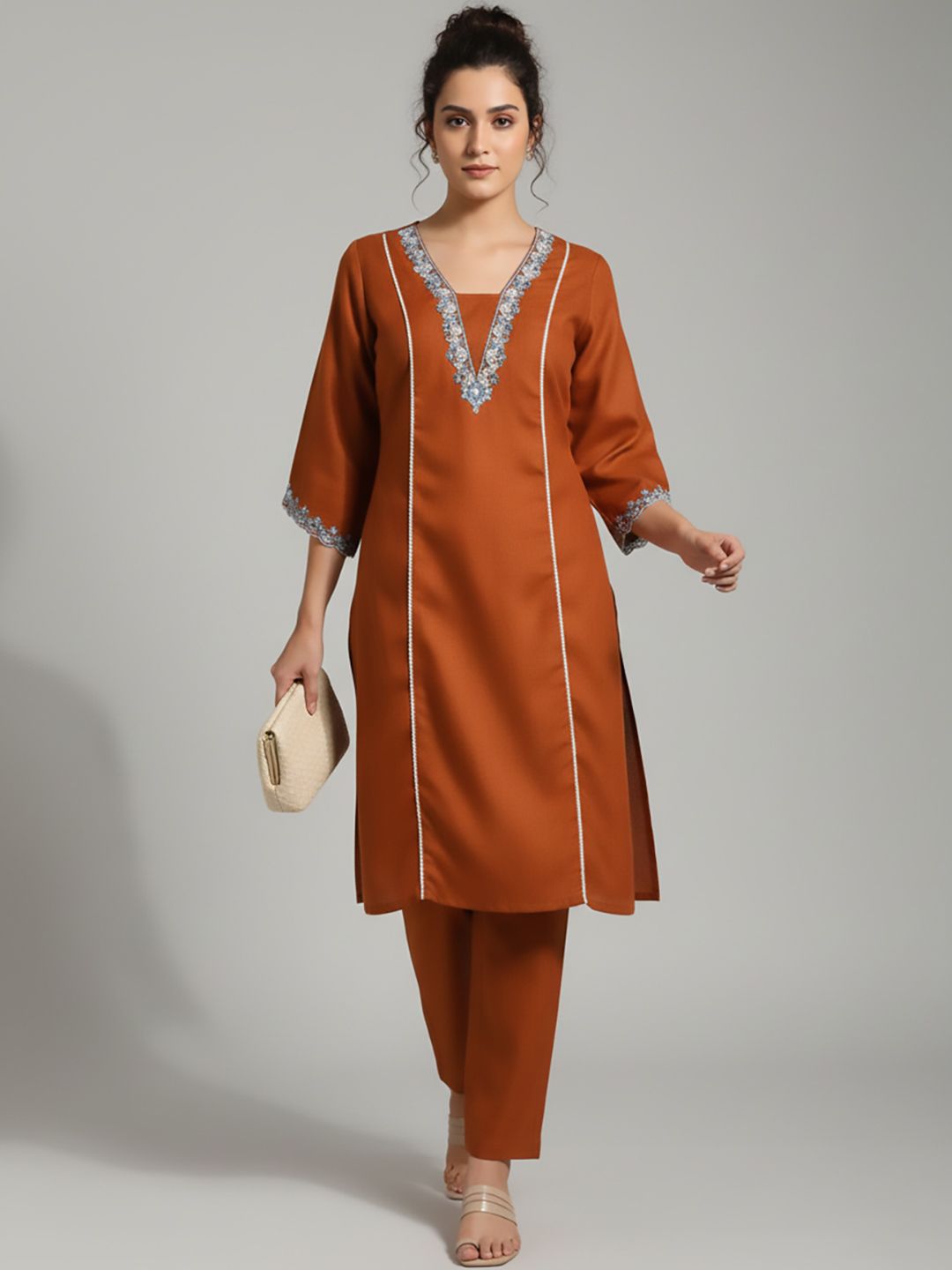 Rust Embroidered Tunic & Trousers Co-Ords Set