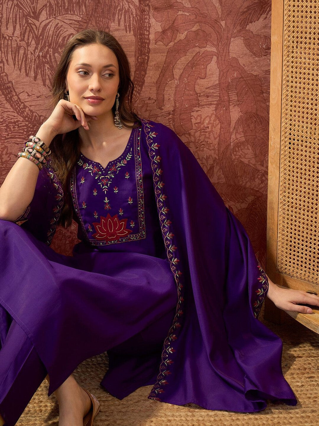 Embroidered Silk Blend Notched Neck Kurta & Trousers With Dupatta