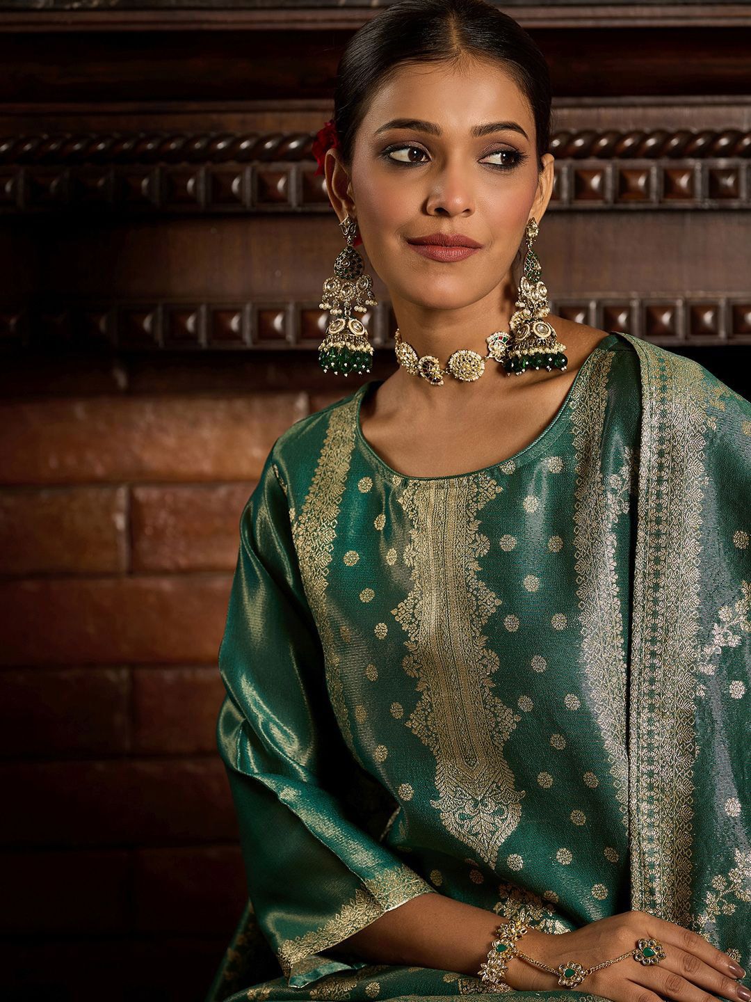 Dhiyona IE Ethnic Motifs Woven Design Zari Straight Kurta With Trousers & Dupatta