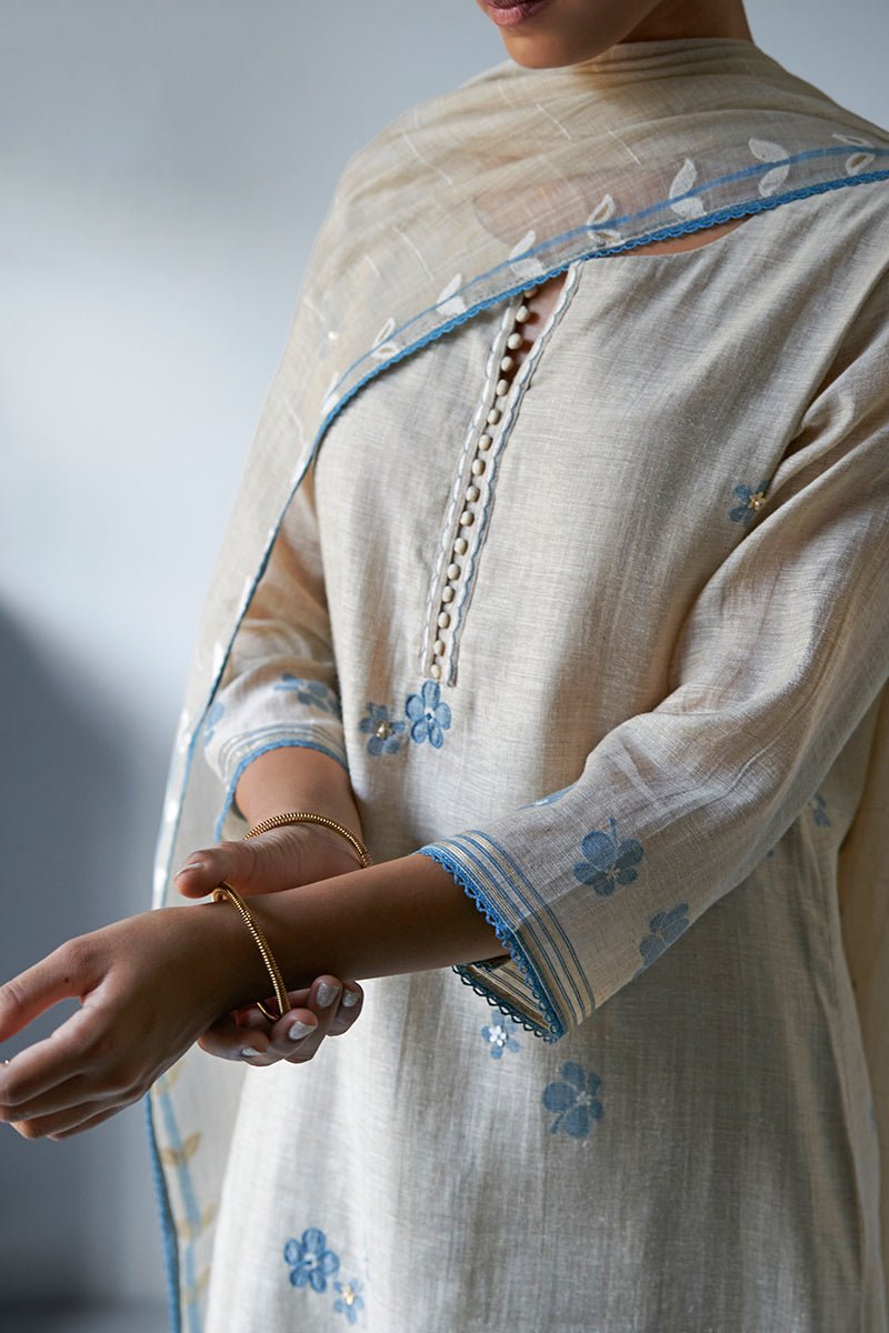 Women's Beige Woven Kurta Suit Set With Delicate Hand Work Detailing
