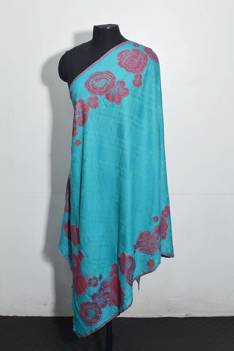 Women's Turquiose Pashmina Woven Jacquard Shawl