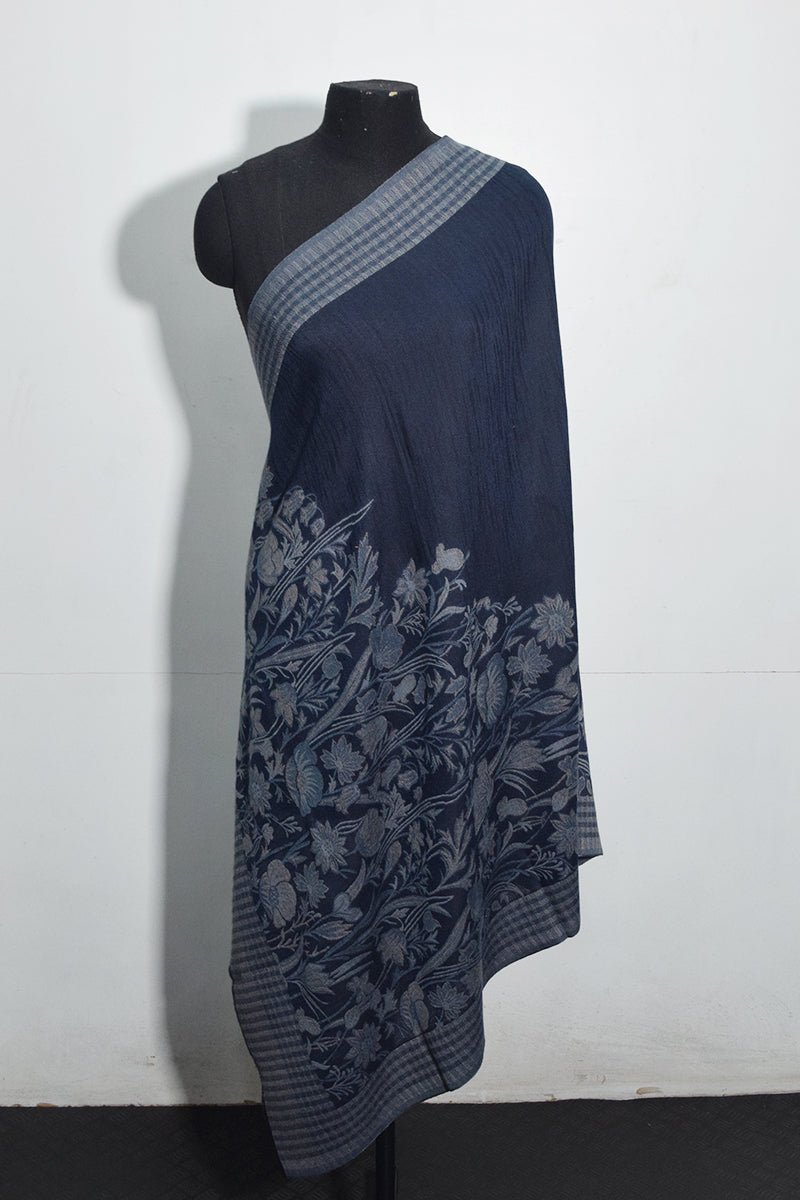 Women's Navy Blue Woven Jacquard Pashmina Shawl