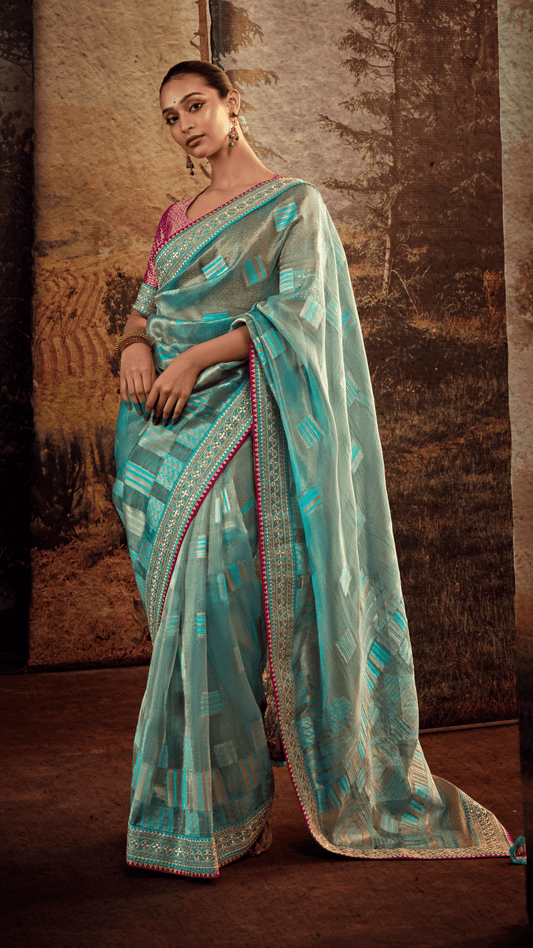 Dhiyona KM Women Royal Radiance “ Blue Jacquard Silk Saree With Rich Red Border