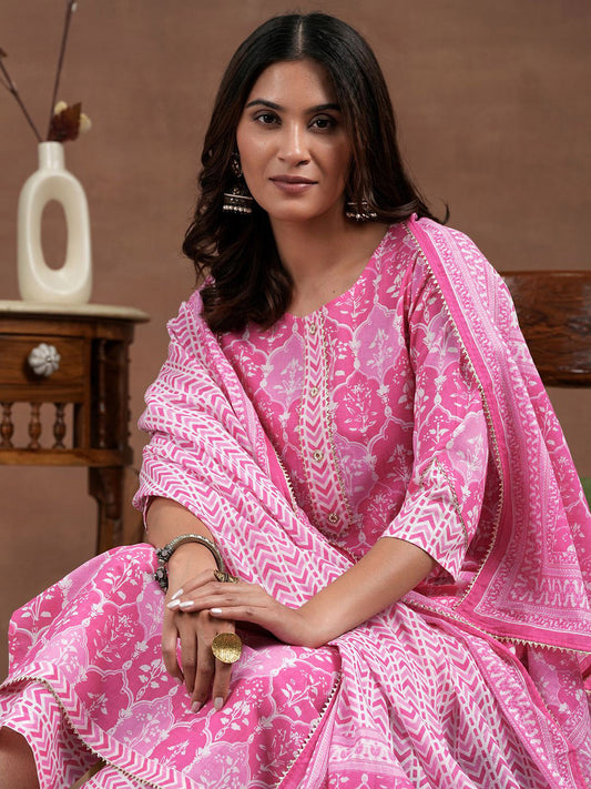 Women Floral Printed Regular Gotta Patti Pure Cotton Kurta with Trousers & With Dupatta