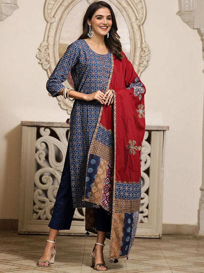Dhiyona IS Women's Printed Applique Embroidered Pure Cotton Straight Kurta with Trouser & Dupatta