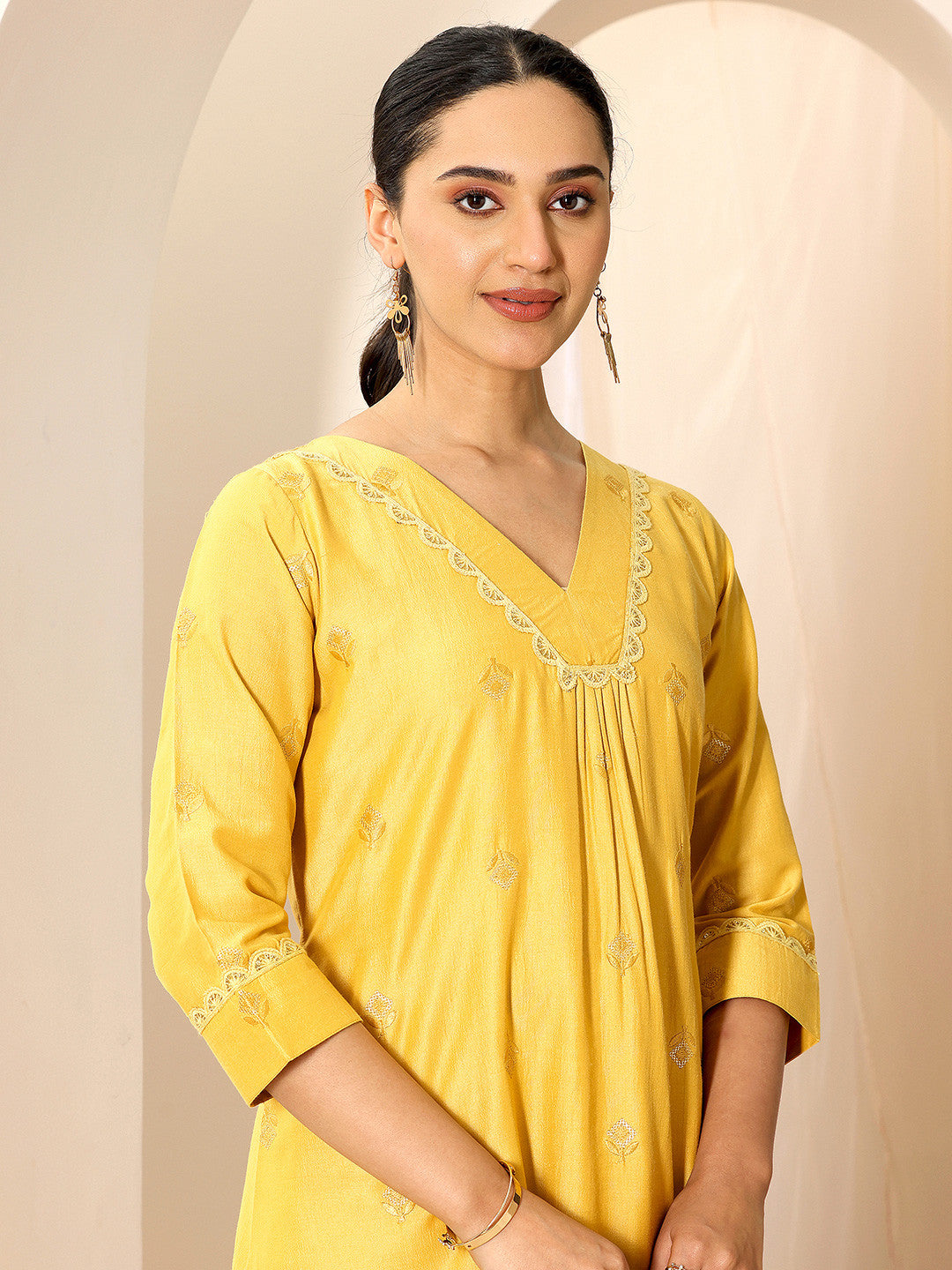 Floral Embroidered V-Neck A-Line Kurta With Trouser