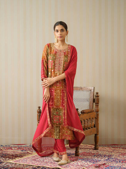 Dhiyona IS Women's Bandhani Printed Sequinned Round Neck Pure Silk Kurta with Trousers & Dupatta