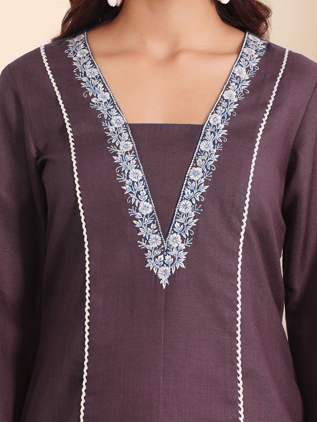 Brown V-Neck Embroidered Thread Work Straight Kurta With Trousers
