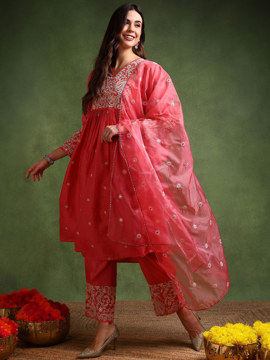 Dhiyona KL Floral Embroidered V-Neck Pleated A-Line Kurta with Palazzos & Dupatta