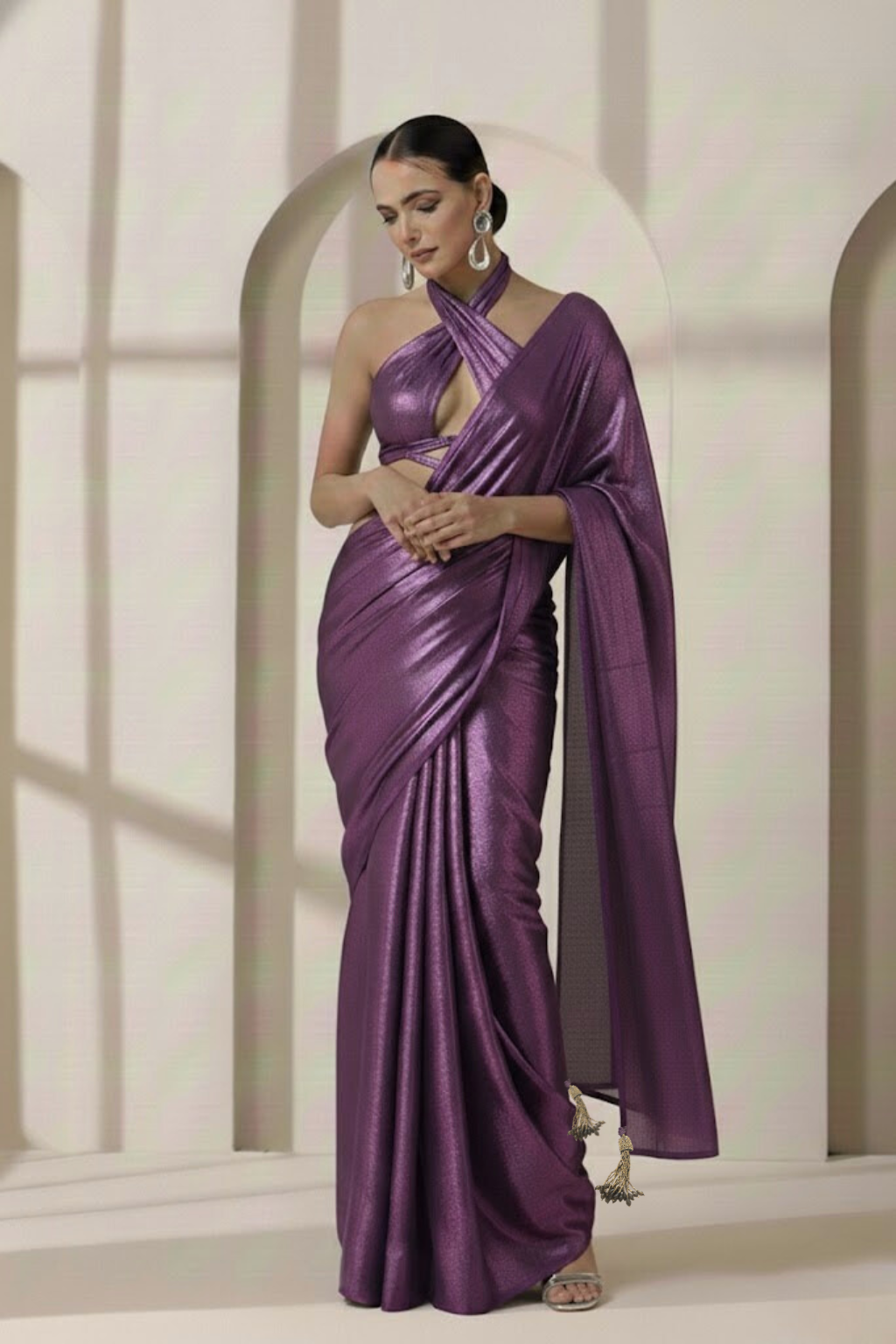 Dhiyona ST Amythst Gold Chiffon Saree with Pendants with Self Blouse