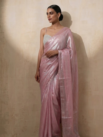 Dhiyona ST Pink Blue Metallic Satin Saree with Lace and Self Blouse Fabric