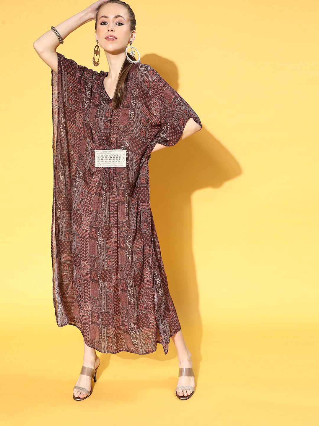 Dhiyona AY Women's Charming Maroon Checked Kaftan Dress