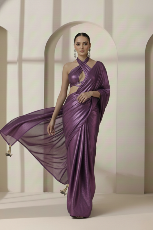 Dhiyona ST Amythst Gold Chiffon Saree with Pendants with Self Blouse