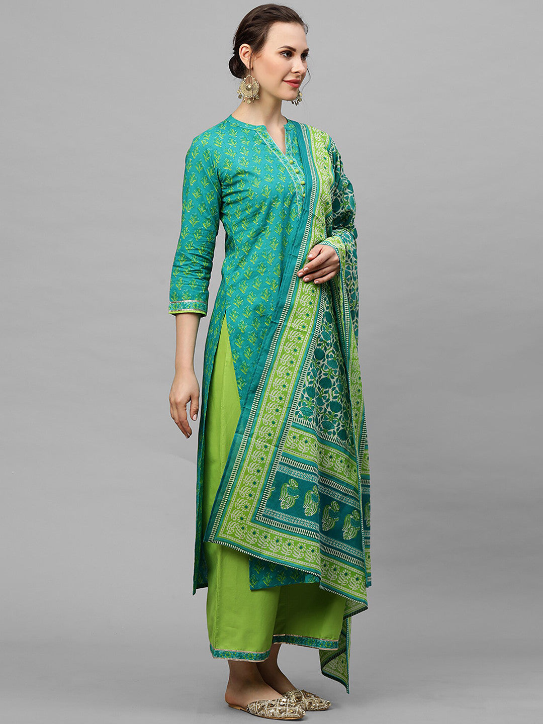 Women Green Ethnic Motifs Printed Pure Cotton Kurta with Palazzos & With Dupatta