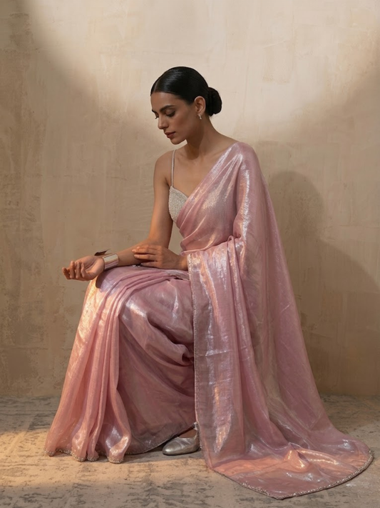 Dhiyona ST Pink Blue Metallic Satin Saree with Lace and Self Blouse Fabric