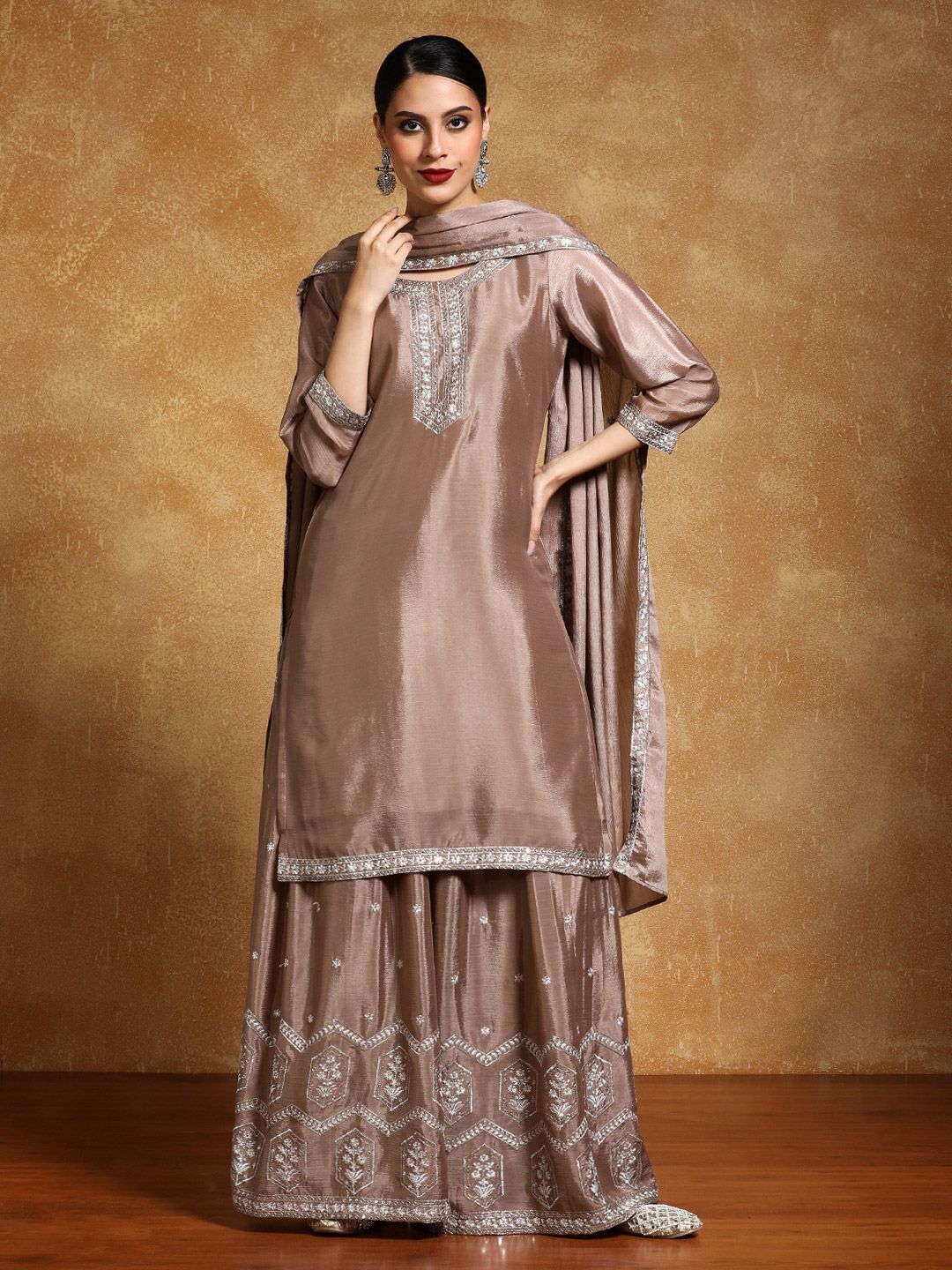 Dhiyona VA Floral Yoke Design Zari Straight Kurta With Sharara And Dupatta