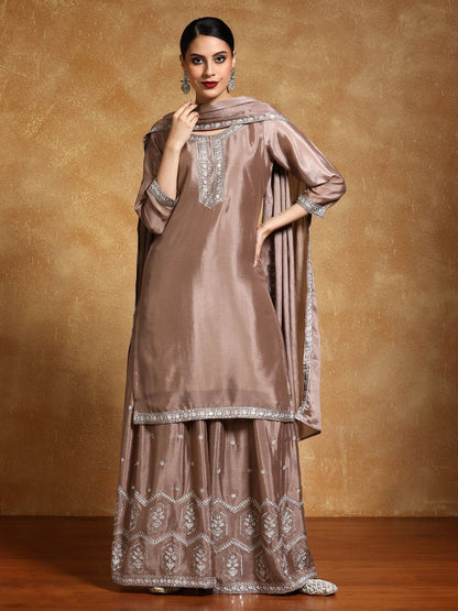 Dhiyona VA Floral Yoke Design Zari Straight Kurta With Sharara And Dupatta
