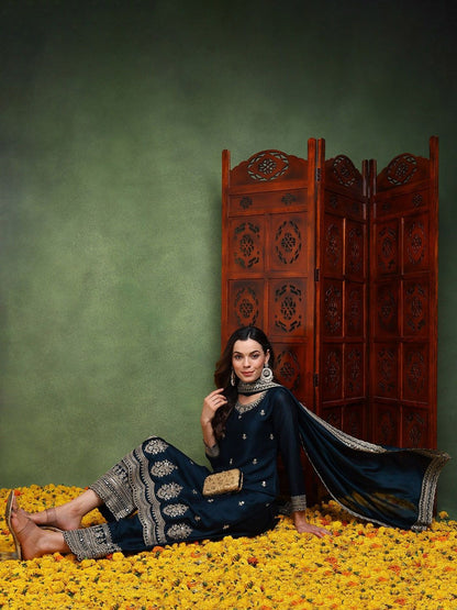 Dhiyona KL Ethnic Motifs Embroidered Thread Work Straight Kurta with Palazzos & Dupatta