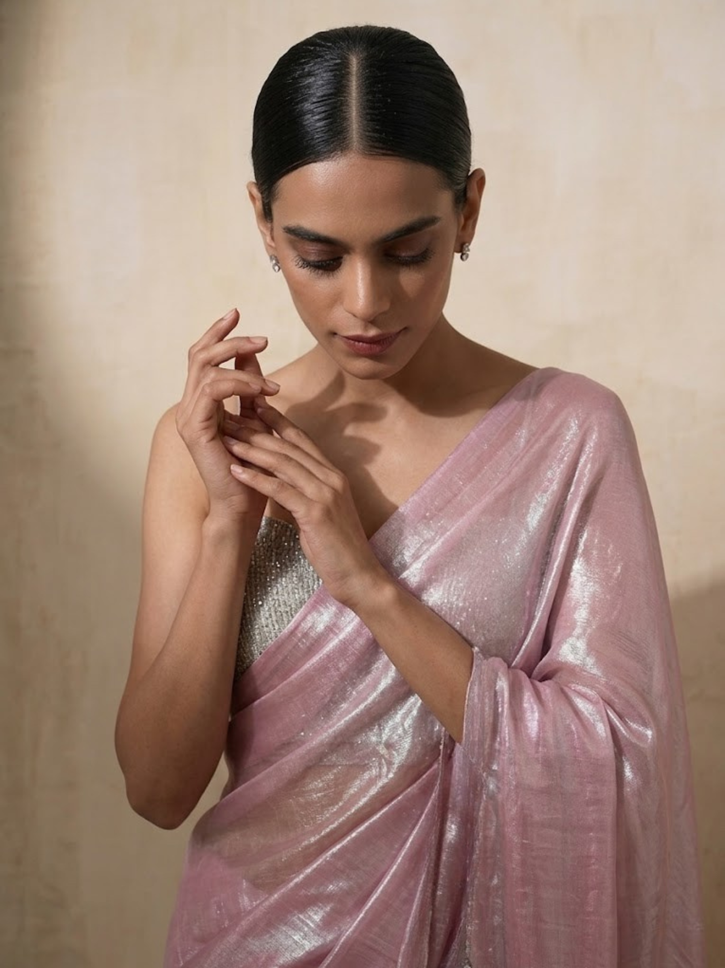 Dhiyona ST Pink Blue Metallic Satin Saree with Lace and Self Blouse Fabric