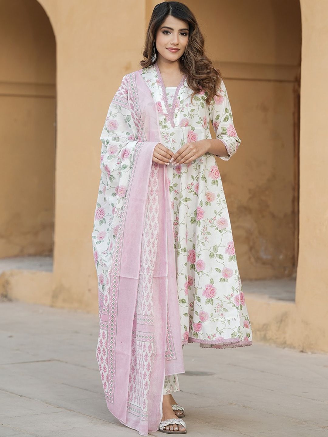Dhiyona KL V Neck Floral Printed Cotton Anarkali Kurta with Trouser & Dupatta