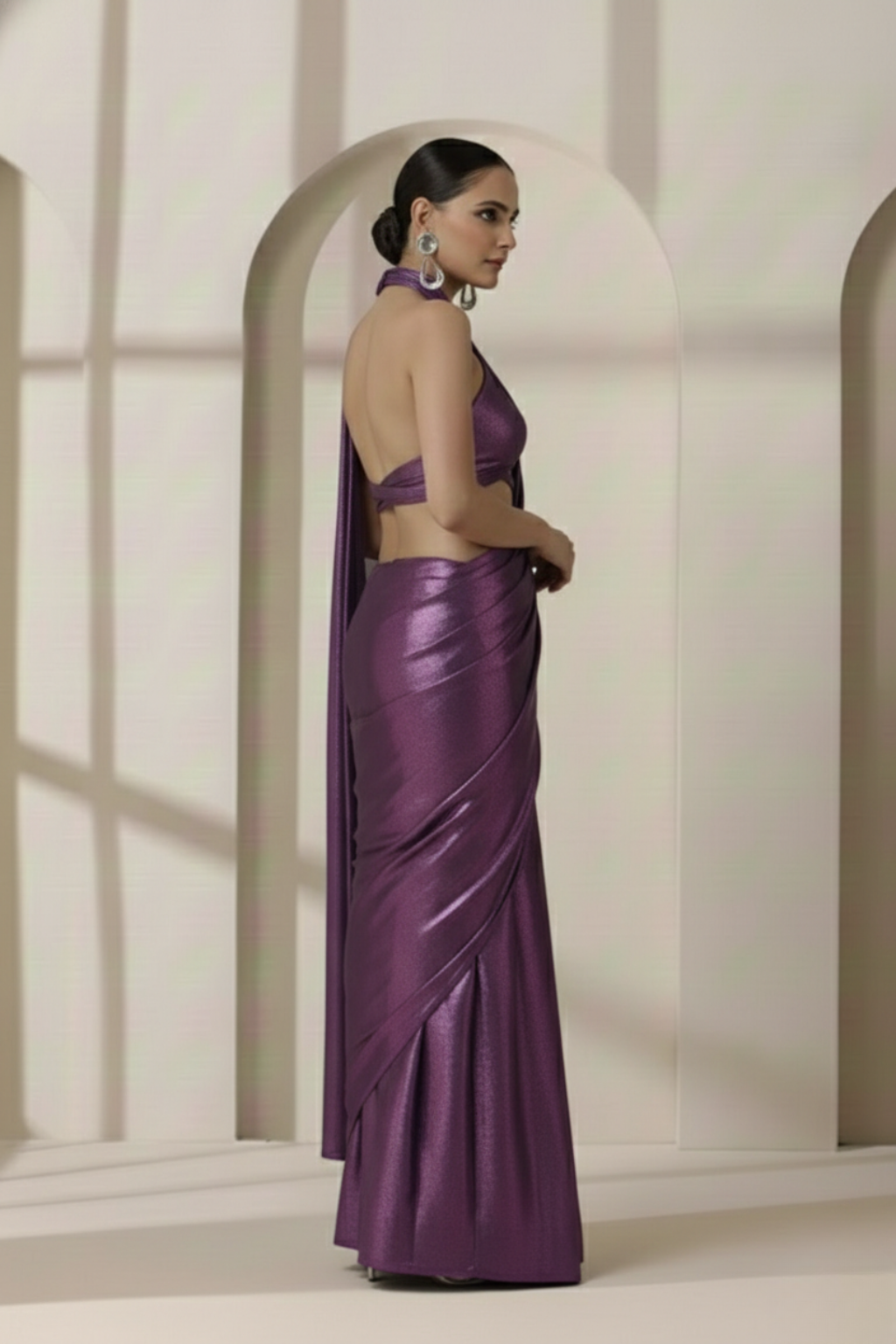 Dhiyona ST Amythst Gold Chiffon Saree with Pendants with Self Blouse