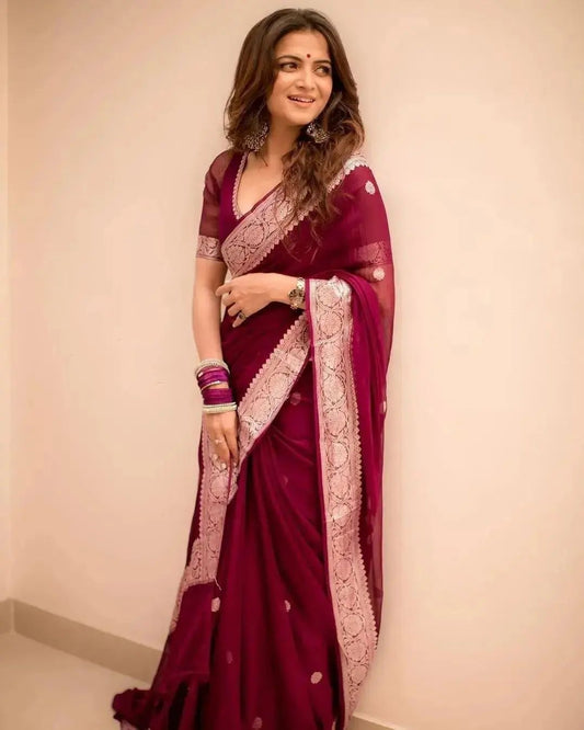 Dhiyona HH Maroon Red Banarasi Elegant Woven Semi Georgette Soft Saree