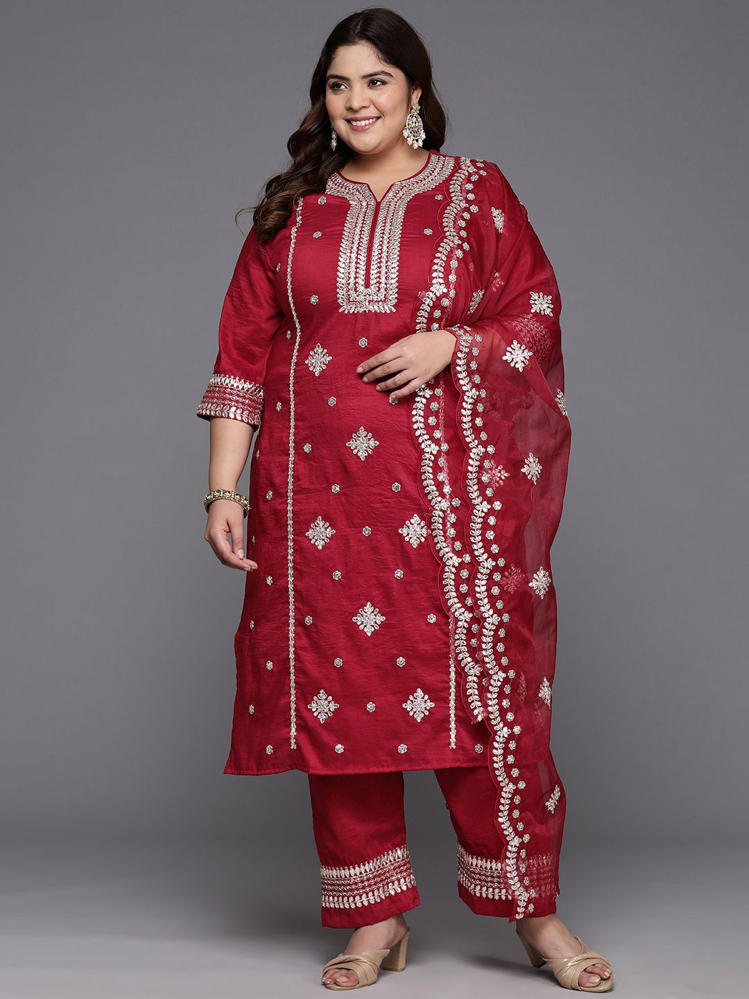 Dhiyona Women's Plus Size Ethnic Motifs Embroidered Gotta Patti Kurta with Trousers & Dupatta