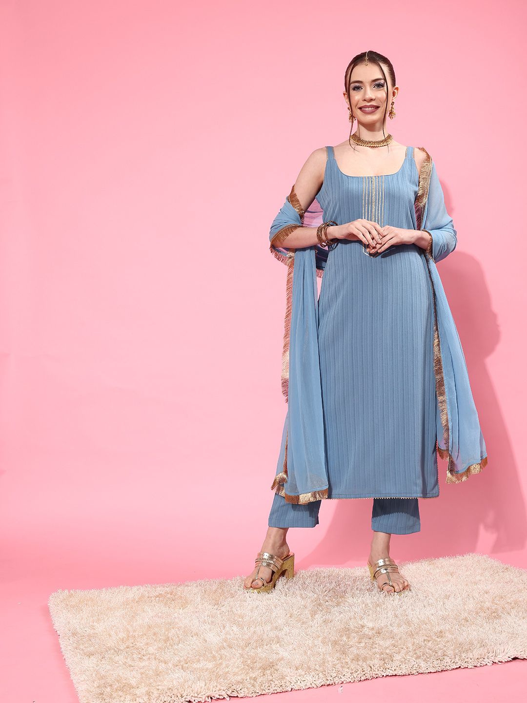Blue Blue Sleeveless Kurta with Trouser and Dupatta