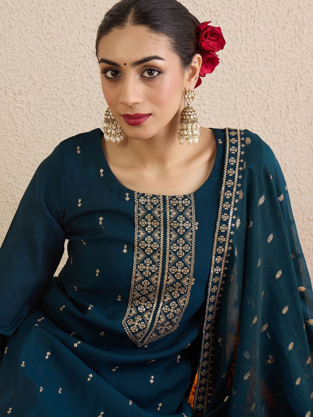 Dhiyona IE Women Solid Embroidered Kurta with Palazzo & Dupatta