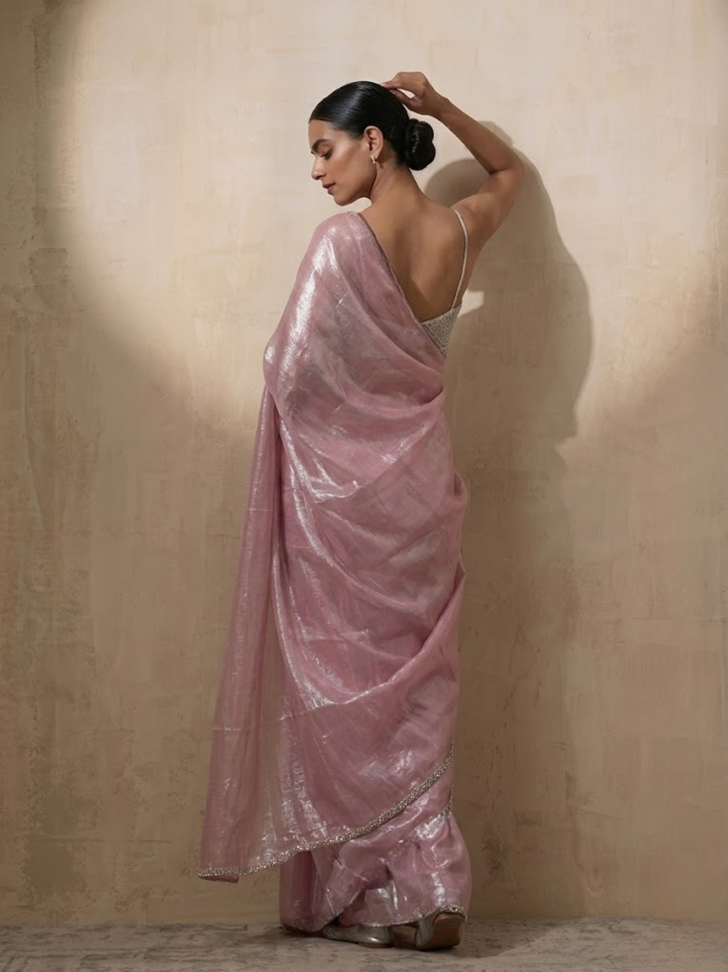 Dhiyona ST Pink Blue Metallic Satin Saree with Lace and Self Blouse Fabric