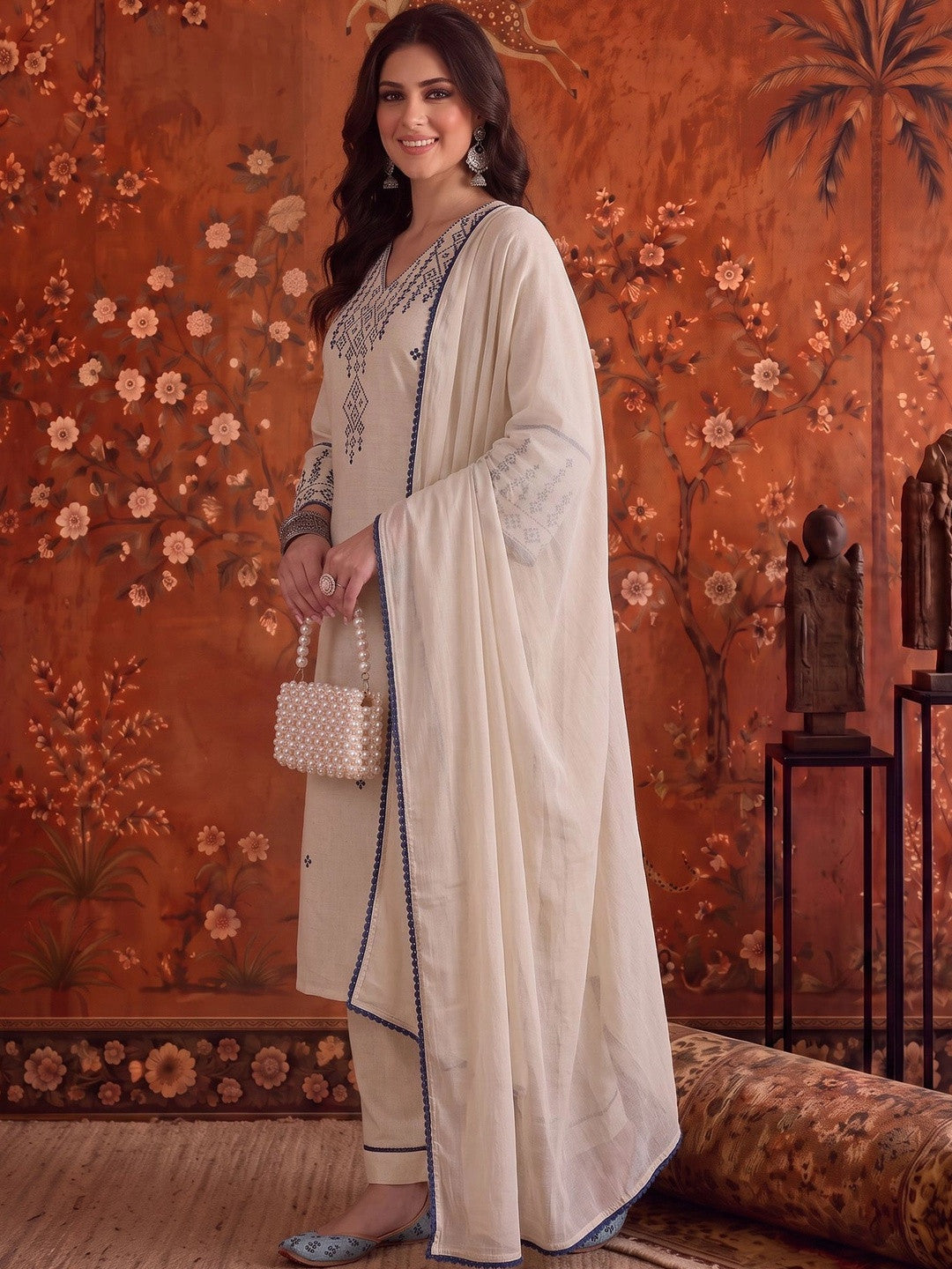 Embroidered V Neck Kurta Sets