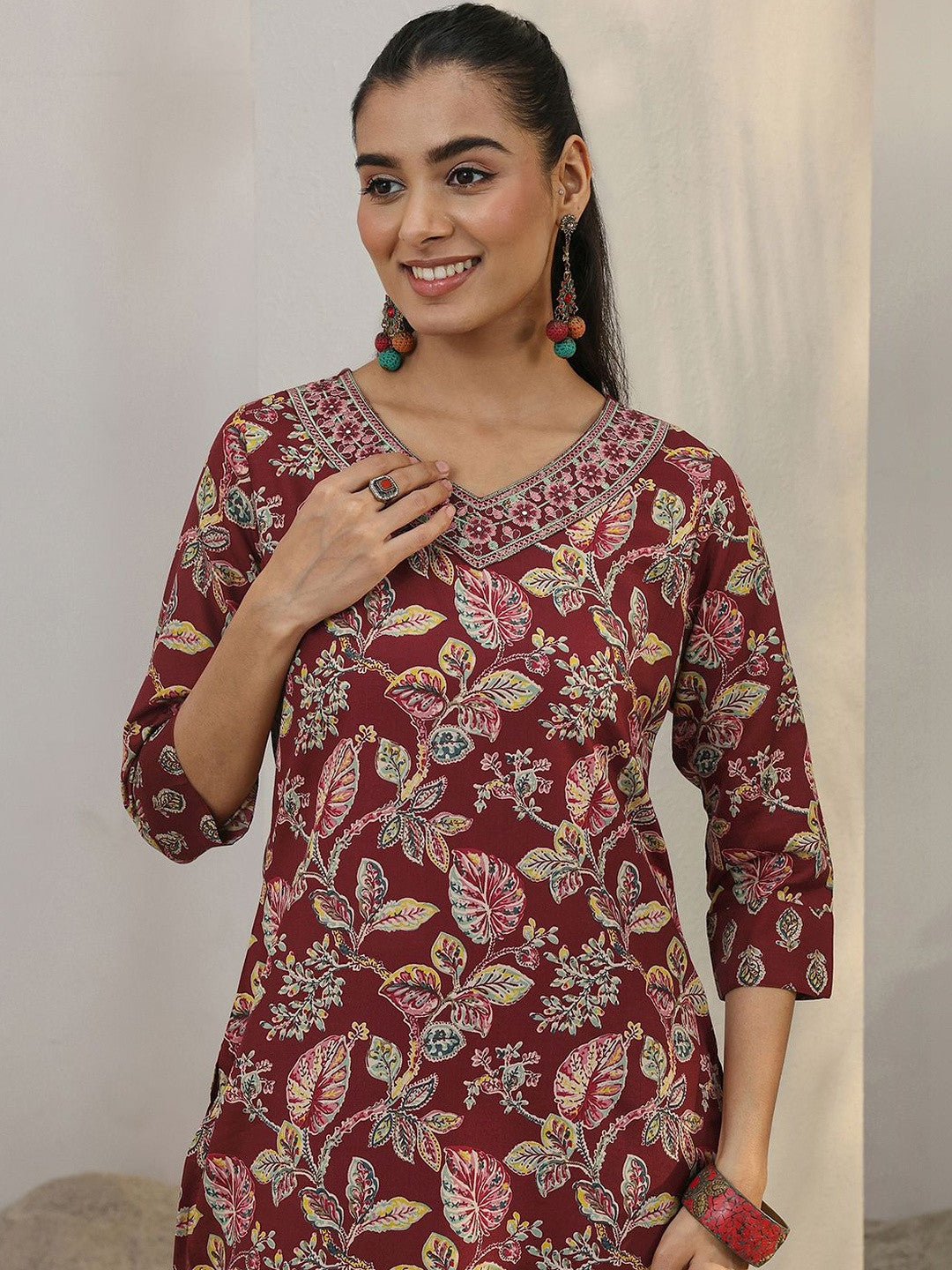 Libas Maroon Floral Printed Cotton Blend Straight Suit Set With Dupatta