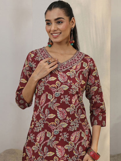 Libas Maroon Floral Printed Cotton Blend Straight Suit Set With Dupatta