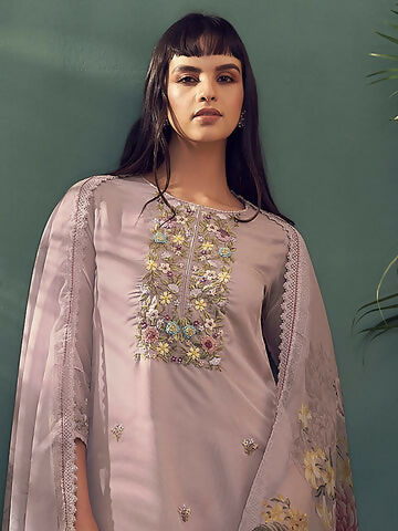 Women's Mauve, purple & green embroidered Kurta with Trousers with dupatta Set