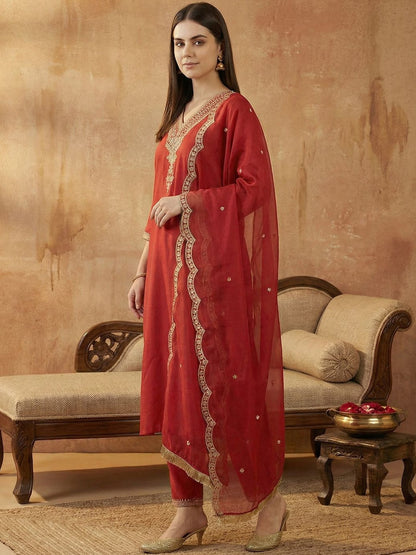 Women Ethnic Motifs Embroidered Regular Liva Kurta with Trousers & With Dupatta