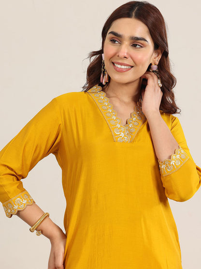 Yoke Design V-Neck Straight Sequinned Kurta With Trousers And Dupatta