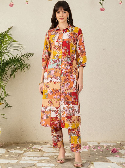 Floral Printed Pure Cotton Multi Kurta With Trousers