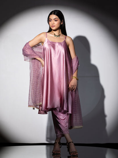 Dhiyona ST Women's Pink Stripe Satin Dress Set with Pants and Organza Sparkle Dupatta with Lace 3 Piece Set | Straight Fit, Round Neck, Sleeveless, Pants, Festive Wear, (Satin)