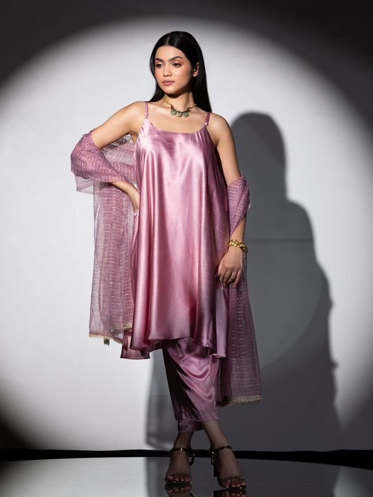 Dhiyona ST Women's Pink Stripe Satin Dress Set with Pants and Organza Sparkle Dupatta with Lace 3 Piece Set | Straight Fit, Round Neck, Sleeveless, Pants, Festive Wear, (Satin)