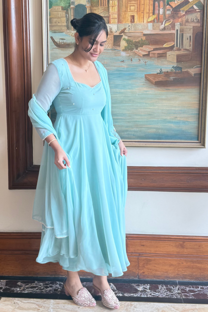 Dhiyona ST 3 pc Suit Set -Light Blue Georgette 3/4th Sleeve Anarkali with Pearls with Dupatta and Pants